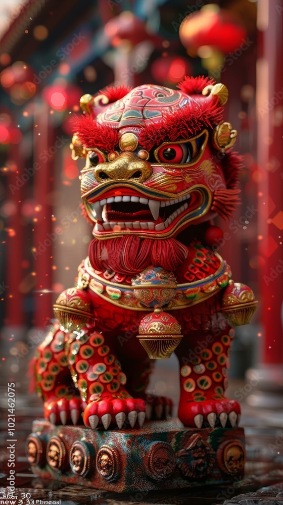 Fototapeta premium Chinese Lion Statue Detailed Illustration