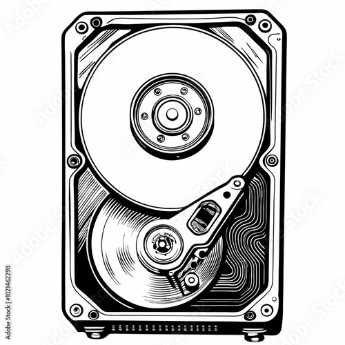 Vintage Hard Disk Drive Illustration in Black and White Line Art Style