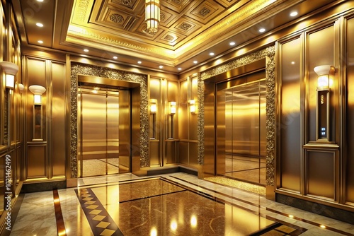 Luxurious Golden Elevator Interior with Elegant Design and Soft Lighting in Modern Building Setting