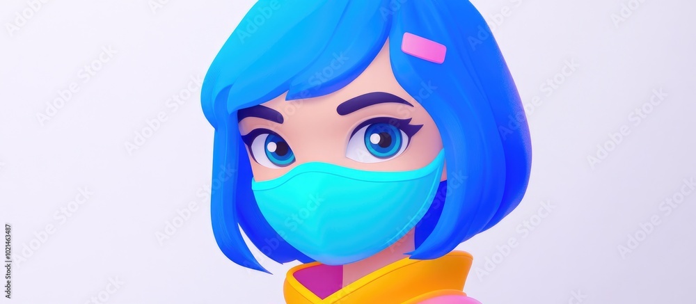 Close Up Beauty Portrait Of A Girl In A Blue Wig And Mask On A White Background Close Up Beauty Portrait Of A Girl In A Blue Wig And Mask On A White Background