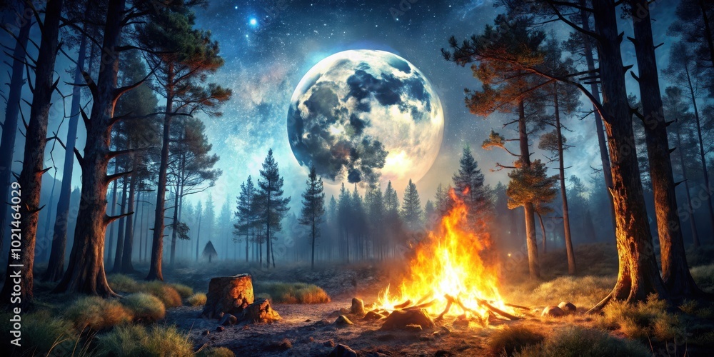 Fototapeta premium A crackling campfire illuminates the forest floor under a sky of endless stars and a luminous moon.