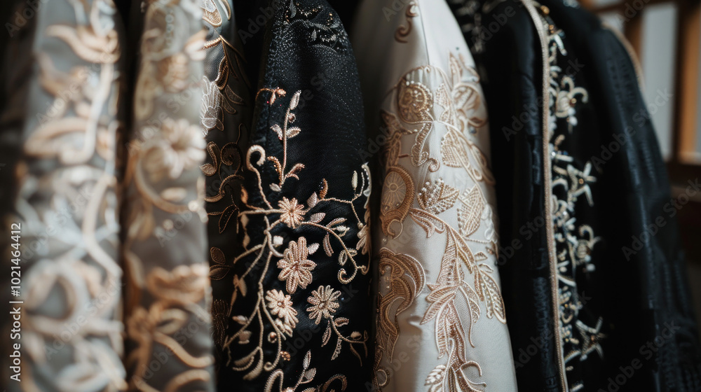 Close-up of custom-made designer outfits, highlighting fine embroidery and luxurious fabrics in a minimalist setting with refined lighting Close-up of custom-made designer outfits, highlighting fine embroidery and luxurious fabrics in a minimalist setting with refined lighting