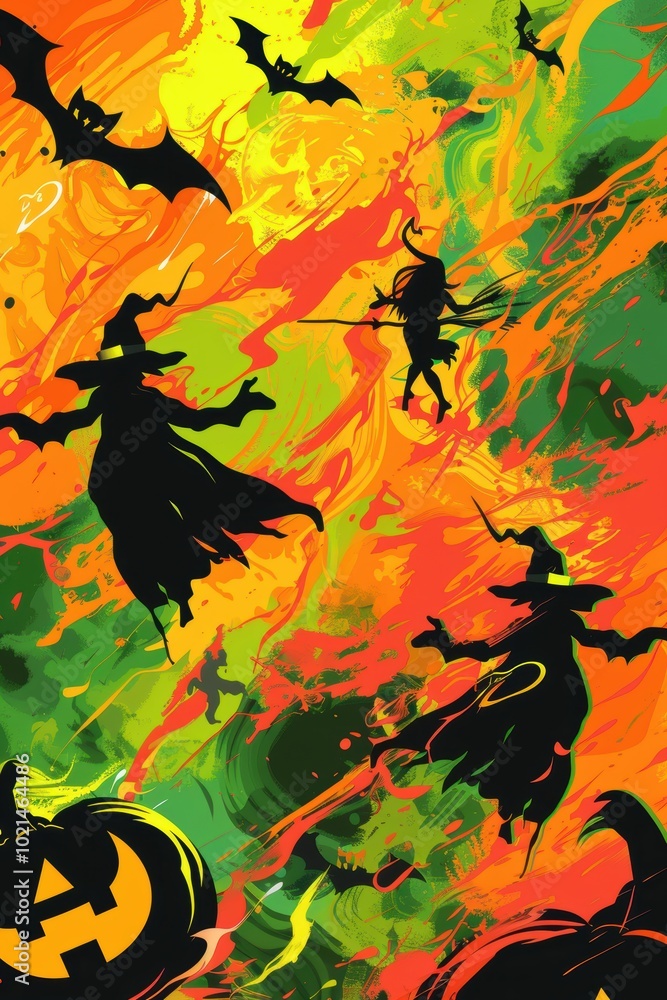 Fototapeta premium Surreal Halloween Abstract Background with Bold Orange, Green, and Black Spooky Elements for Design