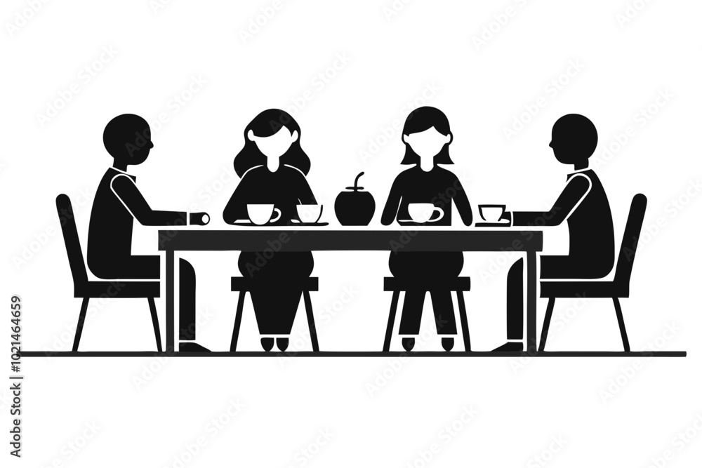 Group of people sitting around a long table, Sitting table flat silhouette vector
Group of people sitting around a long table, Sitting table flat silhouette vector