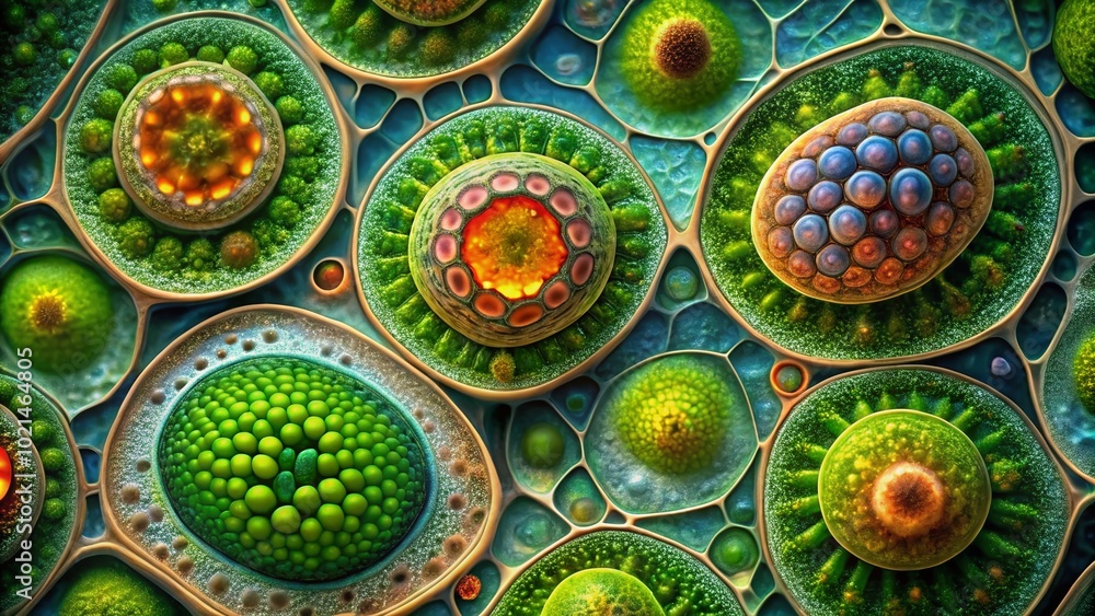 Magnified View of Plant Cells Under Microscope Showing Structure and Cellular Components in Detail Magnified View of Plant Cells Under Microscope Showing Structure and Cellular Components in Detail