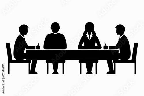 
Group of people sitting around a long table, Sitting table flat silhouette vector

