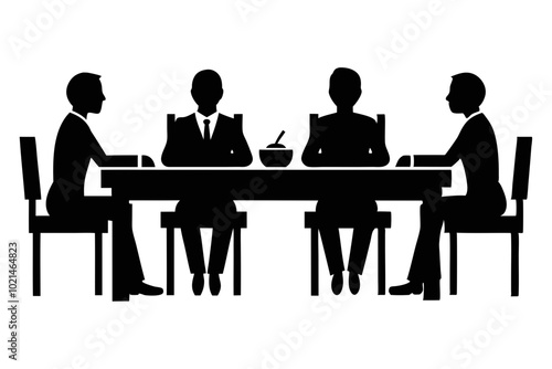 
Group of people sitting around a long table, Sitting table flat silhouette vector

