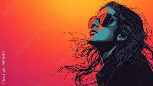 Futuristic Man in Minimalist Graphic Poster Style Outlines on Colorful Gradient Background