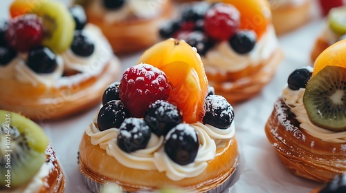 Assorted Danish pastries with vibrant fruit toppings.