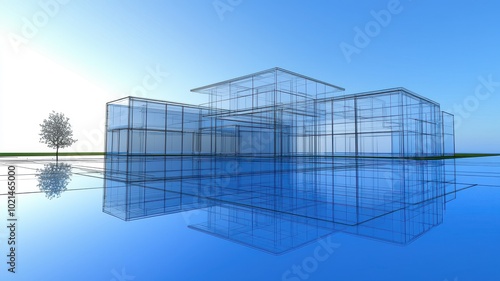 Modern architectural design featuring a glass structure by a tranquil water body.