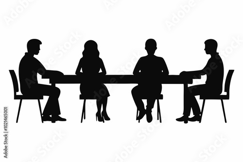 
Group of people sitting around a long table, Sitting table flat silhouette vector


