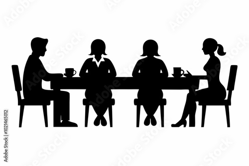 
Group of people sitting around a long table, Sitting table flat silhouette vector

