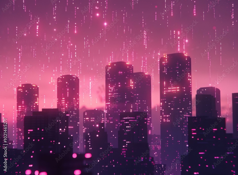 A digital painting of a cyberpunk city at night with pink rain A digital painting of a cyberpunk city at night with pink rain