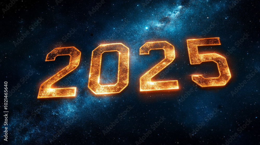 Golden New Year 2025 in space with dark galaxy background Golden New Year 2025 in space with dark galaxy background
