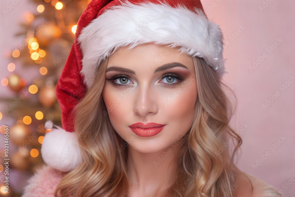 A young woman wearing a festive Santa hat poses cheerfully in front of a beautifully decorated Christmas tree during the holiday season. Generative AI A young woman wearing a festive Santa hat poses cheerfully in front of a beautifully decorated Christmas tree during the holiday season. Generative AI