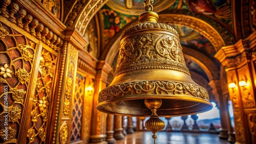 Majestic Big Golden Bell Hanging in a Beautiful Setting with Intricate Designs and Details