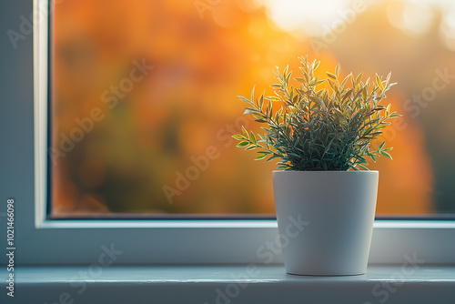 A small plant in an elegant white pot stands on a windowsill against the autumn landscape outside the window