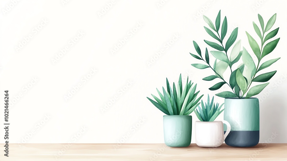 A collection of stylish potted plants on a wooden surface against a white background, perfect for home decor inspiration. A collection of stylish potted plants on a wooden surface against a white background, perfect for home decor inspiration.