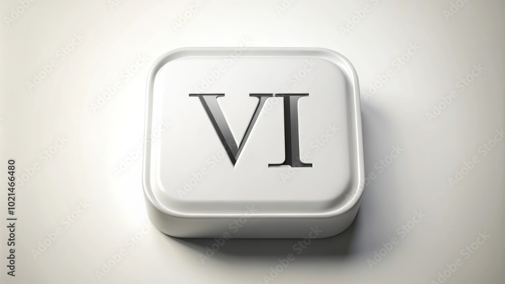 A simple white tile with a silver VI on a white background. The tile has a slightly raised border. A simple white tile with a silver VI on a white background. The tile has a slightly raised border.