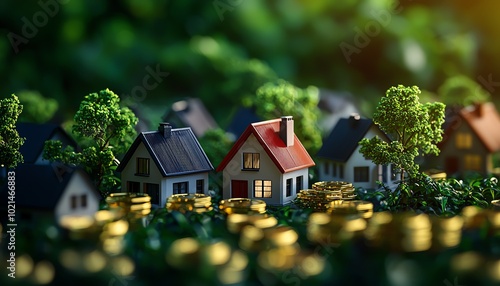 Wallpaper Mural Miniature houses surrounded by coins, symbolizing real estate investment and financial growth in a lush green setting. Torontodigital.ca