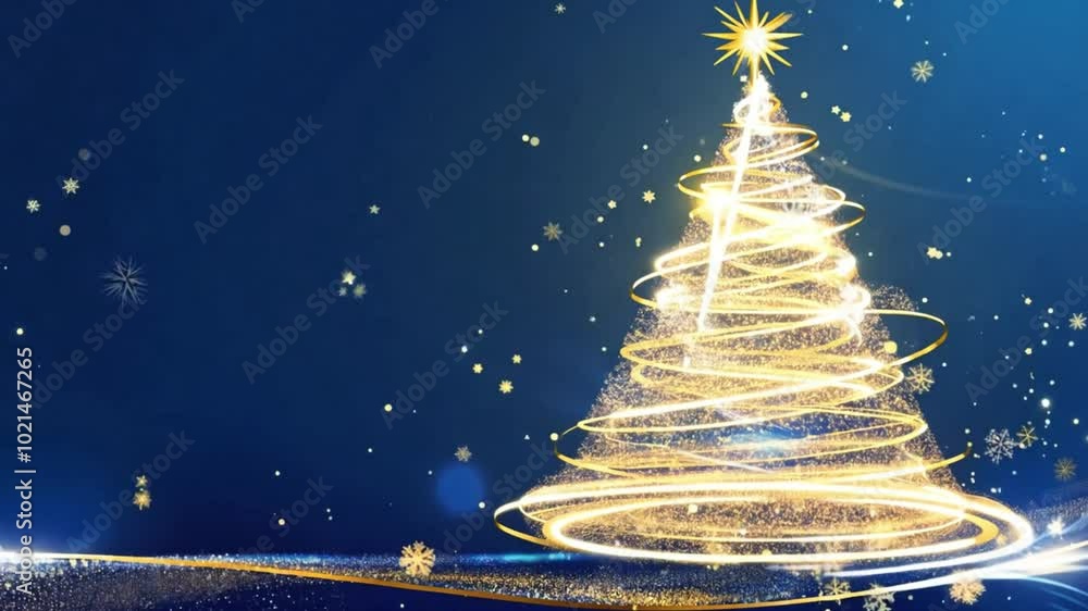 Merry Christmas greeting animated background. Golden Christmas tree with golden particles and glowing star on blue background. Holiday 4k video