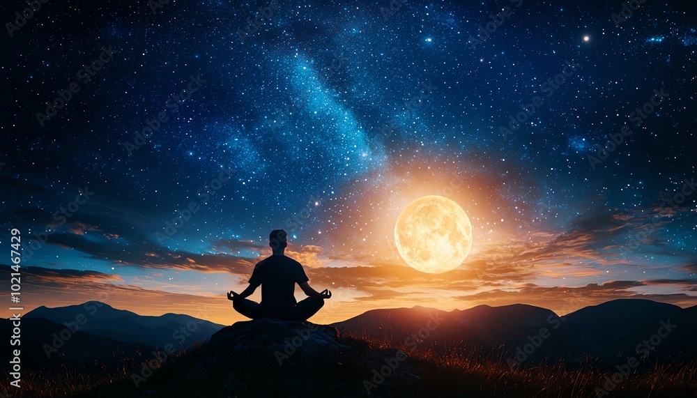 A person meditating under a starry sky, illuminated by the full moon, reflecting tranquility and peace in nature. A person meditating under a starry sky, illuminated by the full moon, reflecting tranquility and peace in nature.