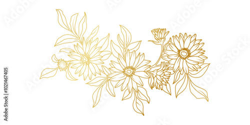 Golden Aster flowers line art isolated on white background. Luxury Aster floral design elements for invitation, wedding, wallpaper, print template, vector illustration