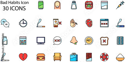 Set of Bad Habits icons. Line art style icons bundle. vector illustration