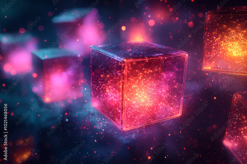 An abstract arrangement of glowing cubes in neon tones,, An abstract arrangement of glowing cubes in neon tones,,