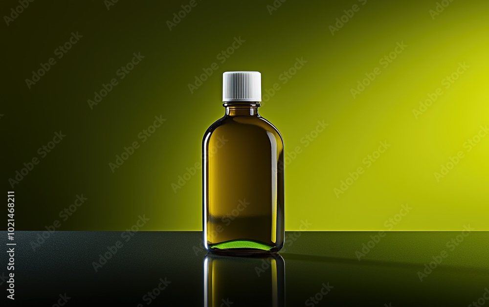 A clear glass bottle filled with green liquid stands on a dark surface against a vibrant yellow-green background A clear glass bottle filled with green liquid stands on a dark surface against a vibrant yellow-green background