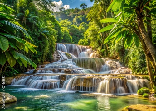 Majestic Dunn's River Falls Cascading Waterfalls Surrounded by Lush Tropical Foliage in Jamaica