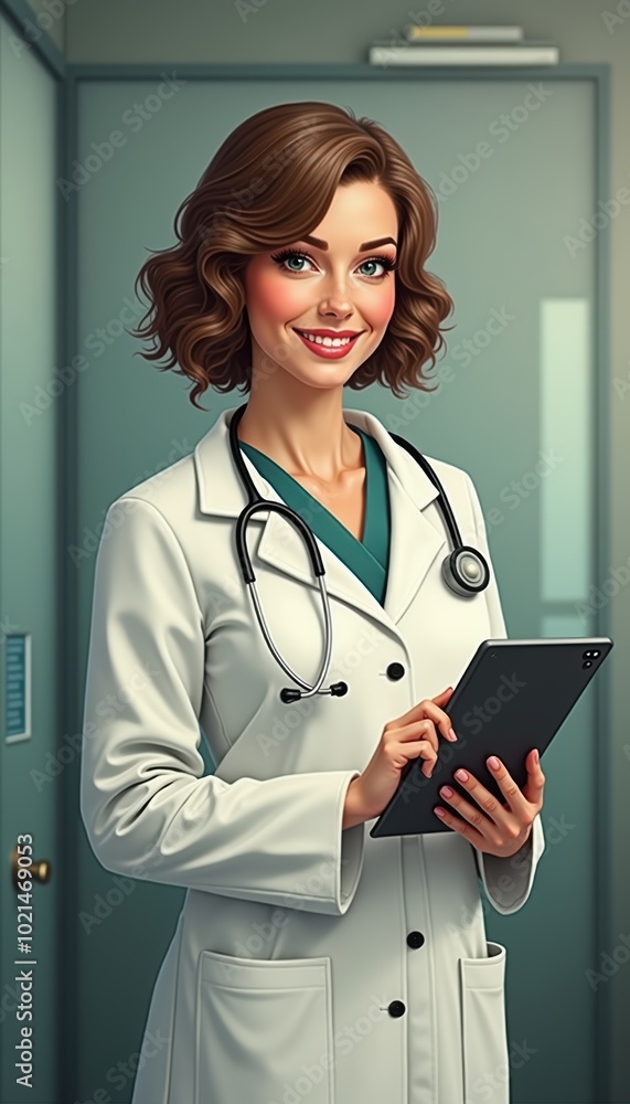 A confident female doctor in a lab coat stands with a tablet, ready to assist patients in a modern medical setting, showcasing professionalism and care. A confident female doctor in a lab coat stands with a tablet, ready to assist patients in a modern medical setting, showcasing professionalism and care.