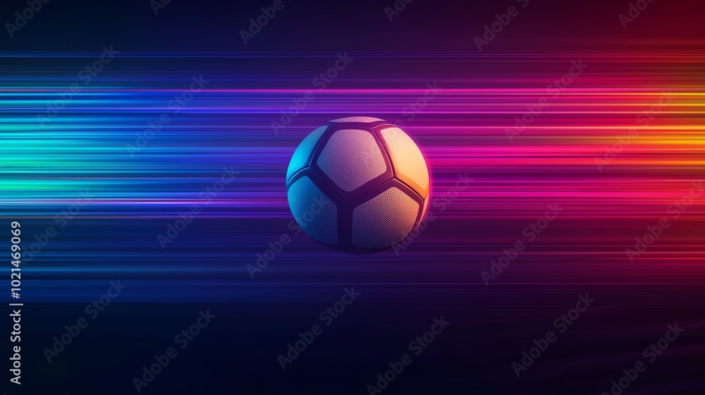 Naklejka premium Dynamic soccer ball with colorful motion blur effect on a dark background, representing speed and excitement in sports.