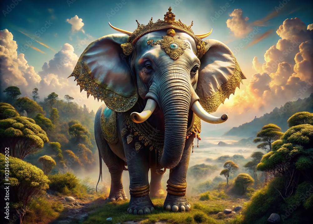 Fototapeta premium Majestic Elephant Adorned with Gold Accents in a Captivating Natural Landscape Setting