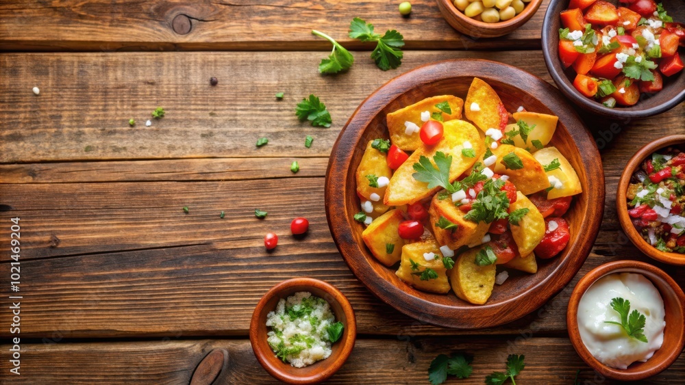 Rustic wooden table with a bowl of patatas bravas, a selection of side dishes and fresh herbs Rustic wooden table with a bowl of patatas bravas, a selection of side dishes and fresh herbs