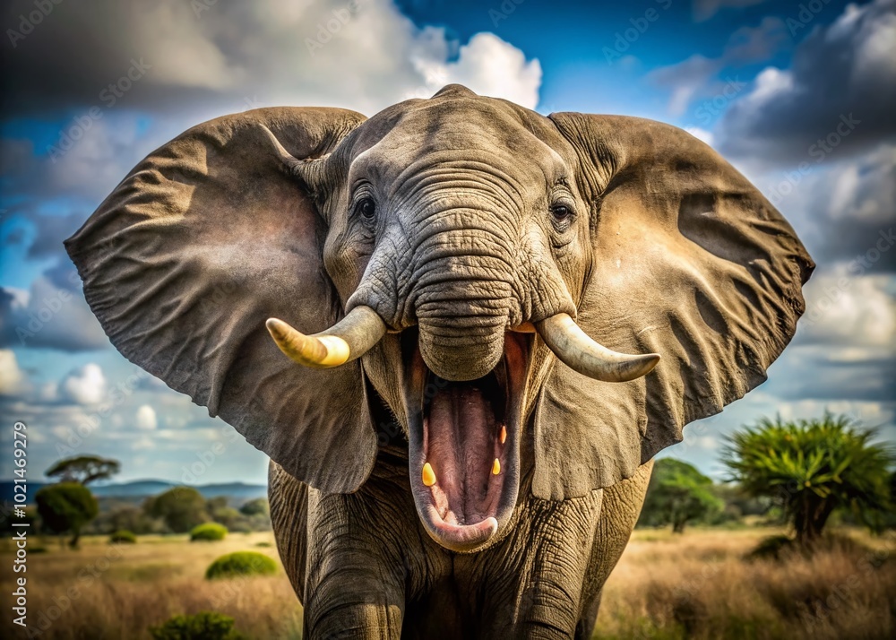 Fototapeta premium Majestic elephant emitting a powerful scream in the wild, showcasing its raw, untamed nature
