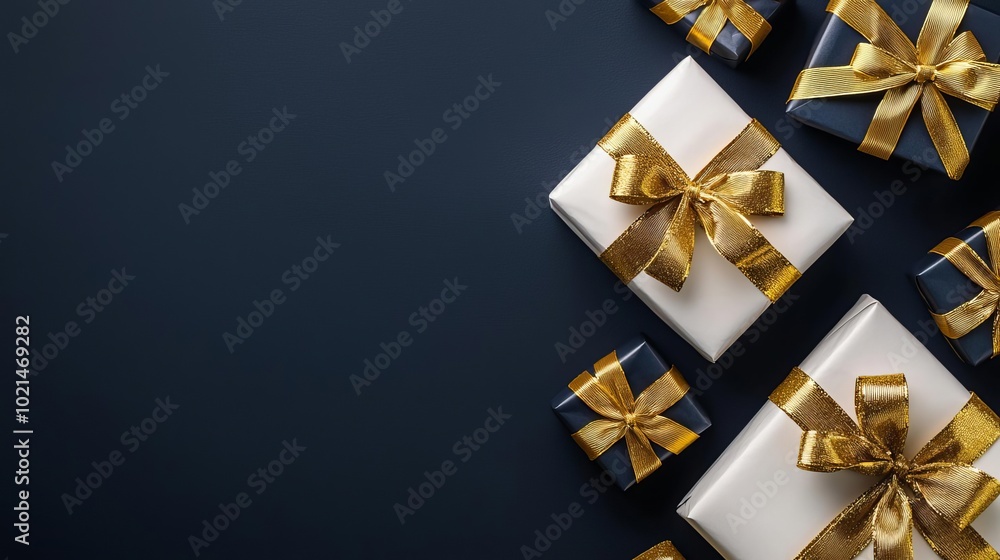 Flat lay of Christmas gift boxes, decorated with golden ribbons and bows, on a navy blue background, luxury holiday theme Flat lay of Christmas gift boxes, decorated with golden ribbons and bows, on a navy blue background, luxury holiday theme