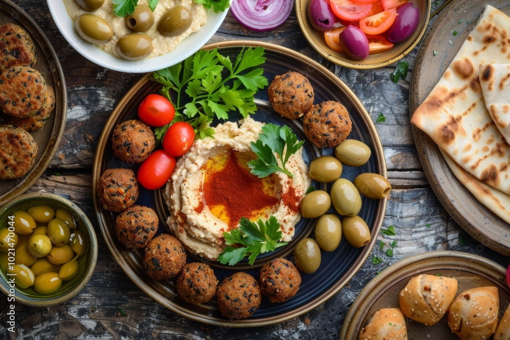 Mediterranean mezze platter with hummus and falafel Mediterranean mezze platter with hummus and falafel