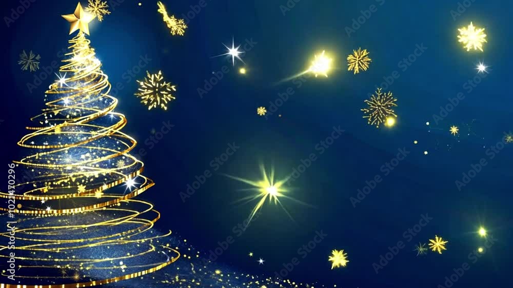 Merry Christmas greeting animated background. Golden Christmas tree with golden particles and glowing star on blue background. Holiday 4k video