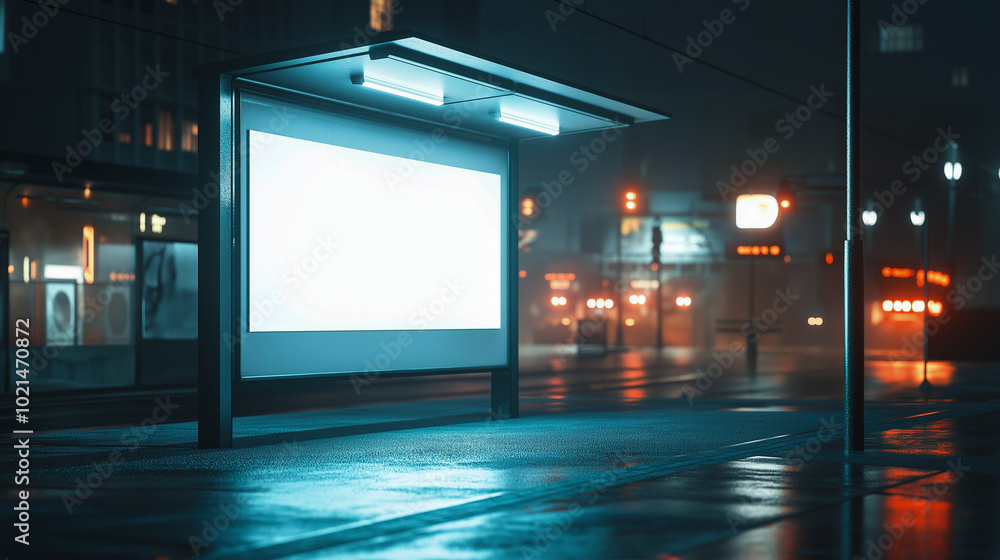 White billboards stand at bus stops at night. generate ai White billboards stand at bus stops at night. generate ai