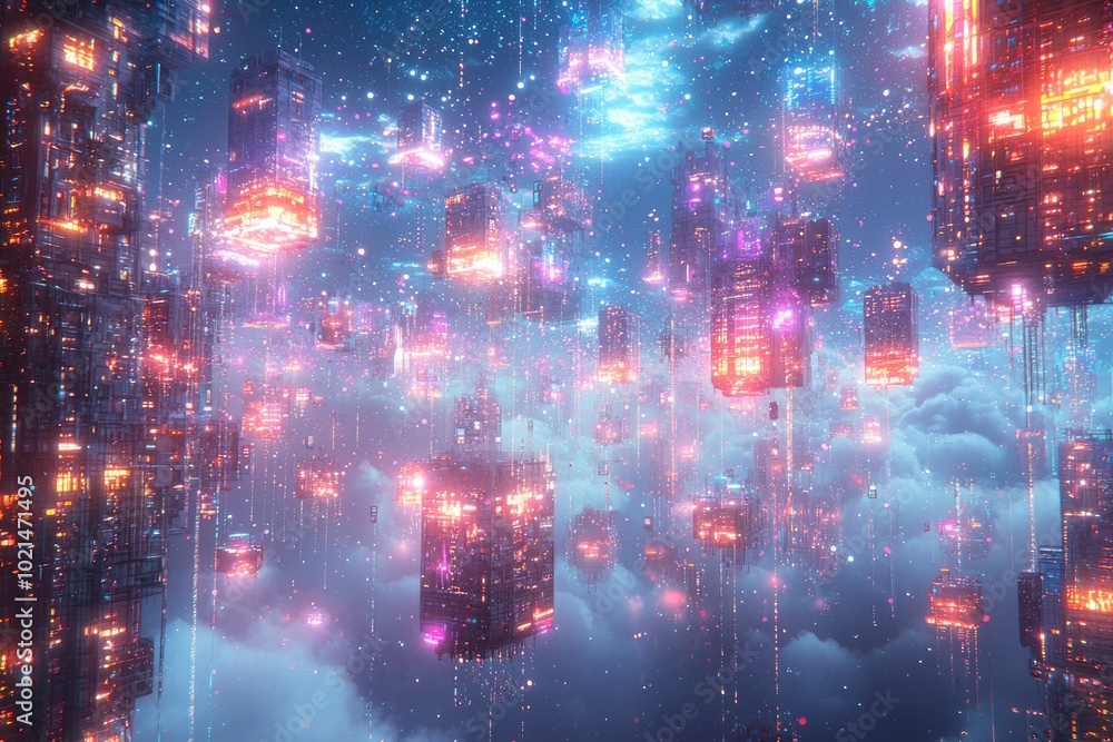 Futuristic Cityscape with Floating Buildings and Neon Lights Futuristic Cityscape with Floating Buildings and Neon Lights