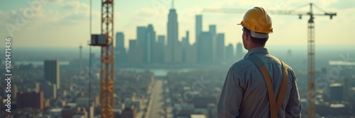 A construction worker gazes out over a city skyline, embodying the spirit of urban development and the construction industry.