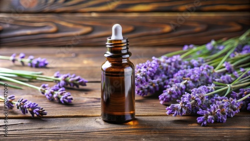 Aromatic Lavender Essential Oil in Amber Bottle with Fresh Lavender Flowers on Rustic Wooden Background