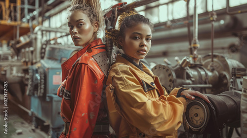 Editorial shoot showcasing a fusion of vintage workwear and modern high fashion, with models posing in a retro factory setting.