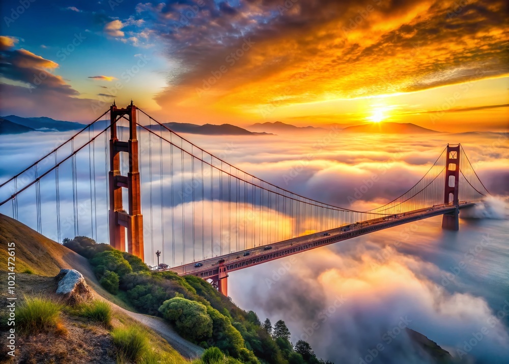 Obraz premium Majestic Golden Gate Bridge at Sunrise Over San Francisco Bay with Soft Morning Fog and Clouds