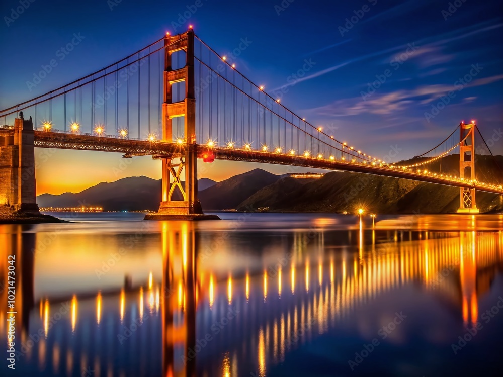 Fototapeta premium Majestic Golden Gate Bridge Illuminated at Night with City Skyline Reflected in Calm Waters