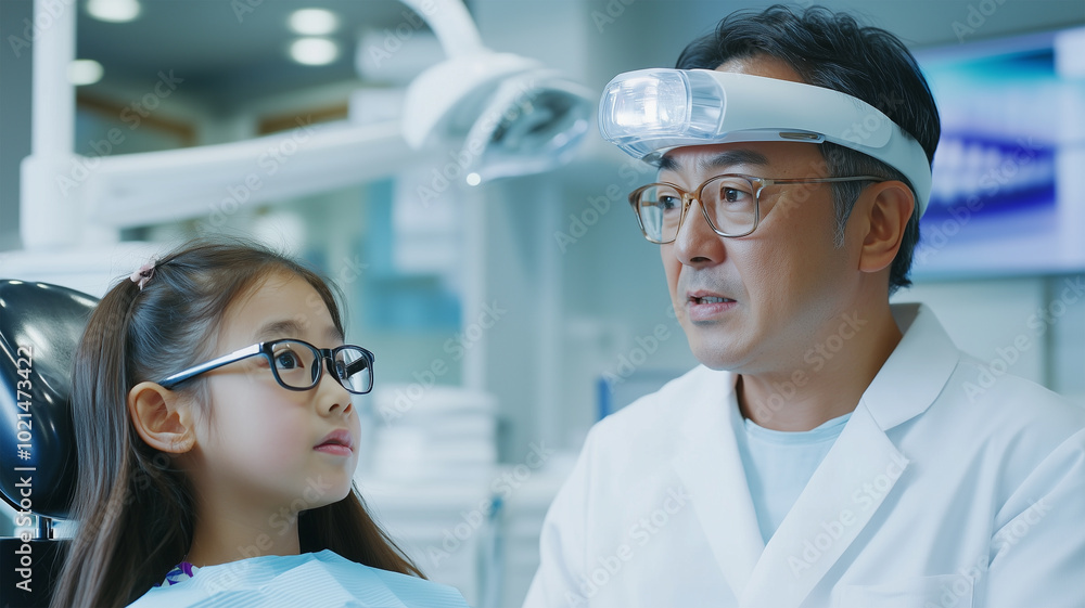 日本人歯科医が女の子に歯磨き指導をする様子 日本人歯科医が女の子に歯磨き指導をする様子