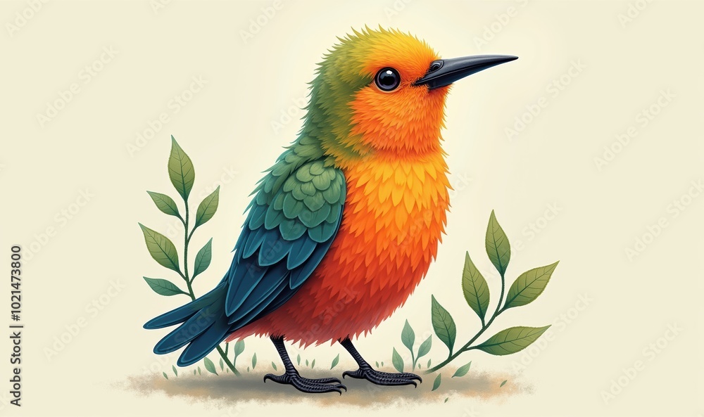 Vibrant and whimsical illustration of a colorful bird against a soft background, perfect for nature themed projects, children's books, or eco friendly brands. Vibrant and whimsical illustration of a colorful bird against a soft background, perfect for nature themed projects, children's books, or eco friendly brands.
