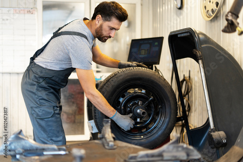 Photography Mechanic mounting tire on wheel rim using professional equipment