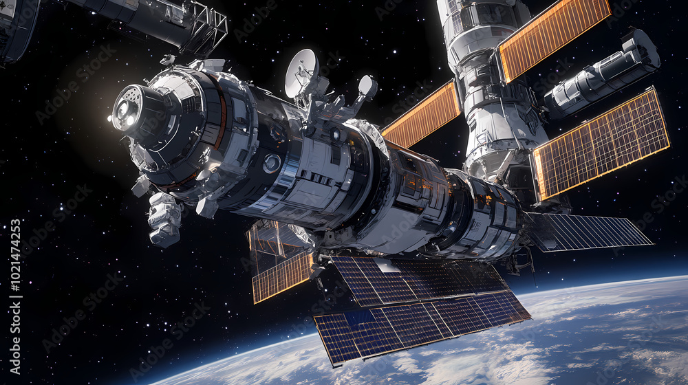 Solar-powered spaceship docking at a space station: a spaceship with advanced solar panels approaching a large space station. Starship Dock. Illustration Solar-powered spaceship docking at a space station: a spaceship with advanced solar panels approaching a large space station. Starship Dock. Illustration